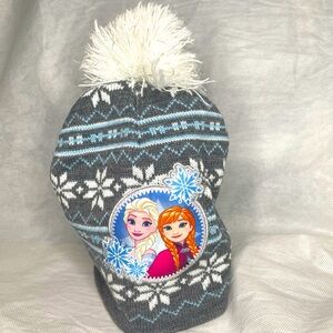 Disney Frozen Pom Pom Beanie Girls 2T - 5T Gray Blue White Hat Glitter Winter